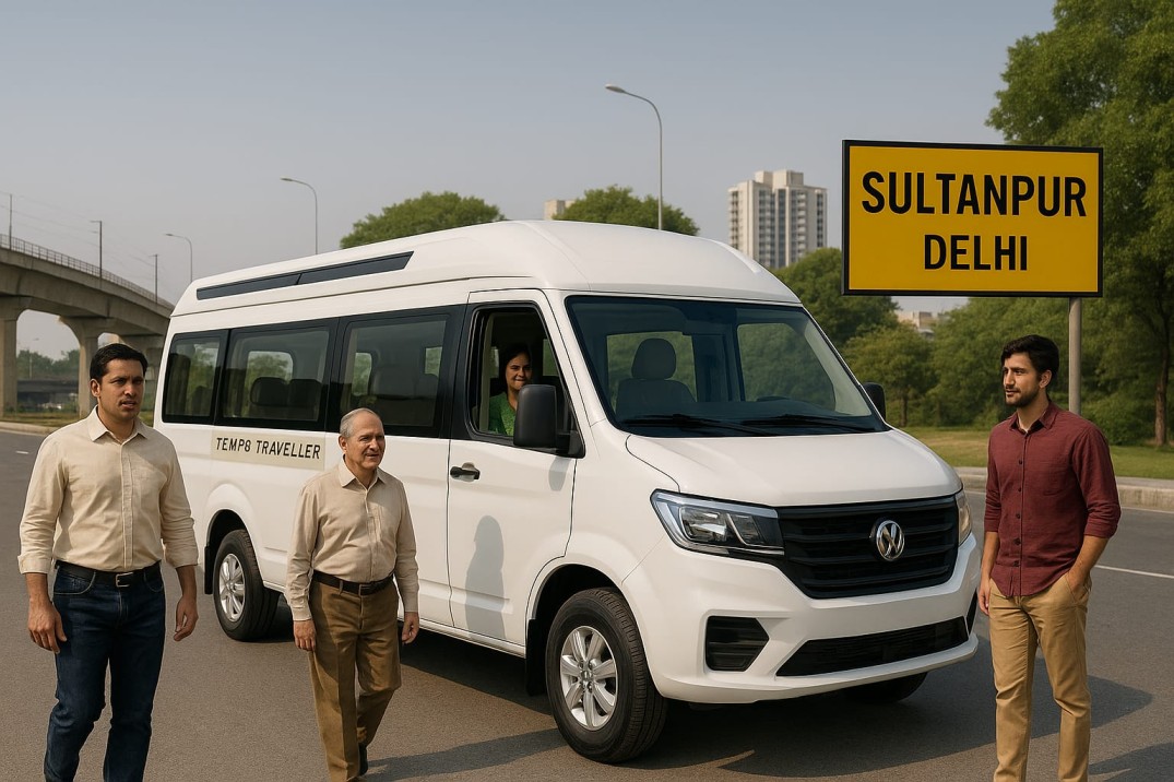 alt="White luxury Tempo Traveller van parked near Sultanpur Delhi metro station with overhead metro tracks and a green road sign displaying 'SULTANPURDELHI'."